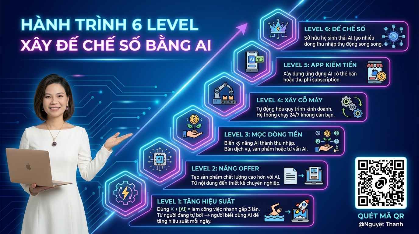 Hành trình 6 Level xây đế chế số bằng AI — từ tăng hiệu suất đến đế chế số